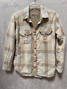 Neutral Plaid Button-Up Shirt Jacket - Beige & Light Blue